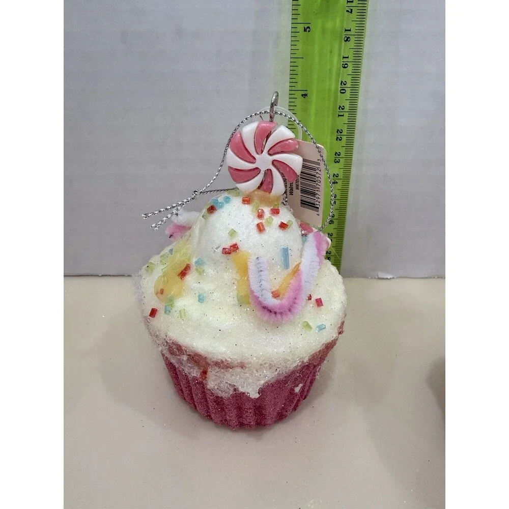 Candy Sprinkle Cupcake Ornament Set Of 5 Candy Cane Christmas Sweets NEW